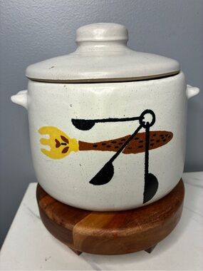 West Bend Stoneware Canister with Campfire & Utensil Design